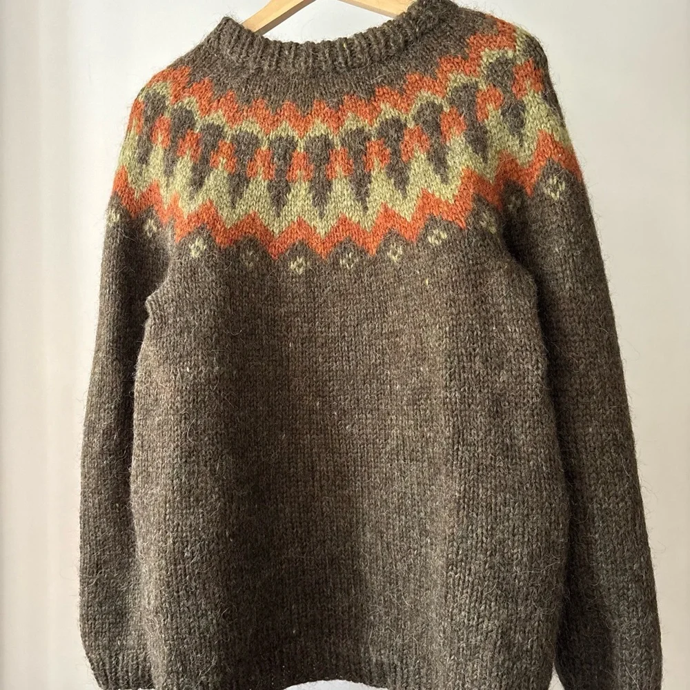 Vintage Handknit in Iceland Wool Fair isle Sweater | Brown & Green Crewneck Knit - Picture 2 of 7
